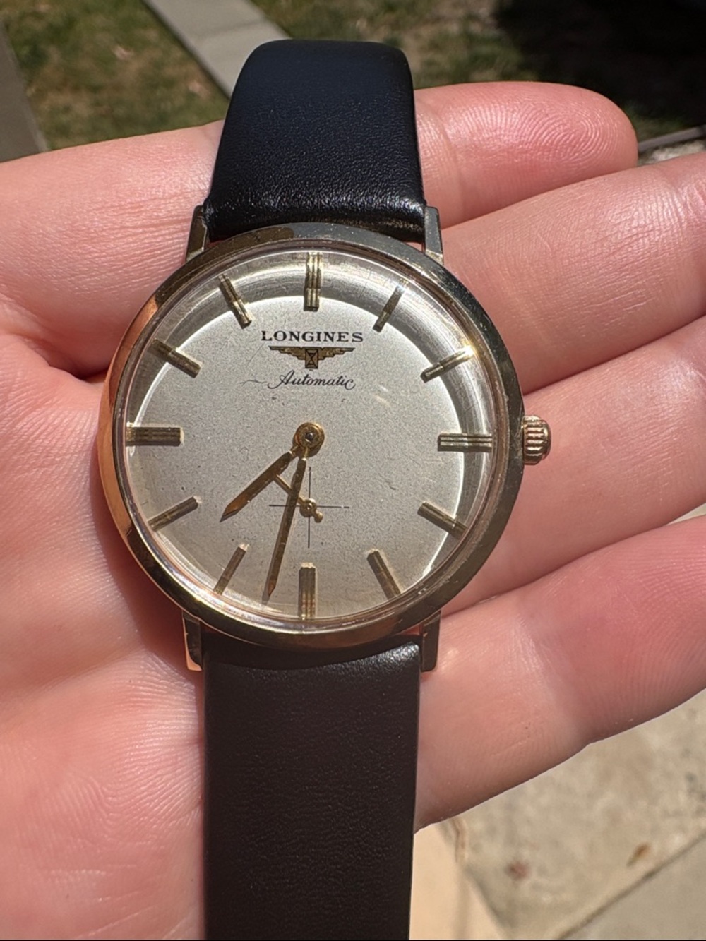 Longines 1960s Gold-Tone Case Watch with Ivory Dial and Black Strap